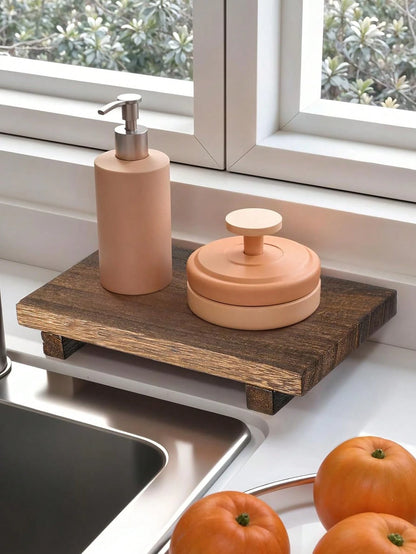 9"X6" Wooden Base Storage Rack, Cosmetic Organizer Tray, Bathroom Storage Shelf, Kitchen Soap Dish, Rustic Style Wooden Lift-Up Stand, Suitable For Vanity, Bathroom, Kitchen Countertop Decor, Plant, C