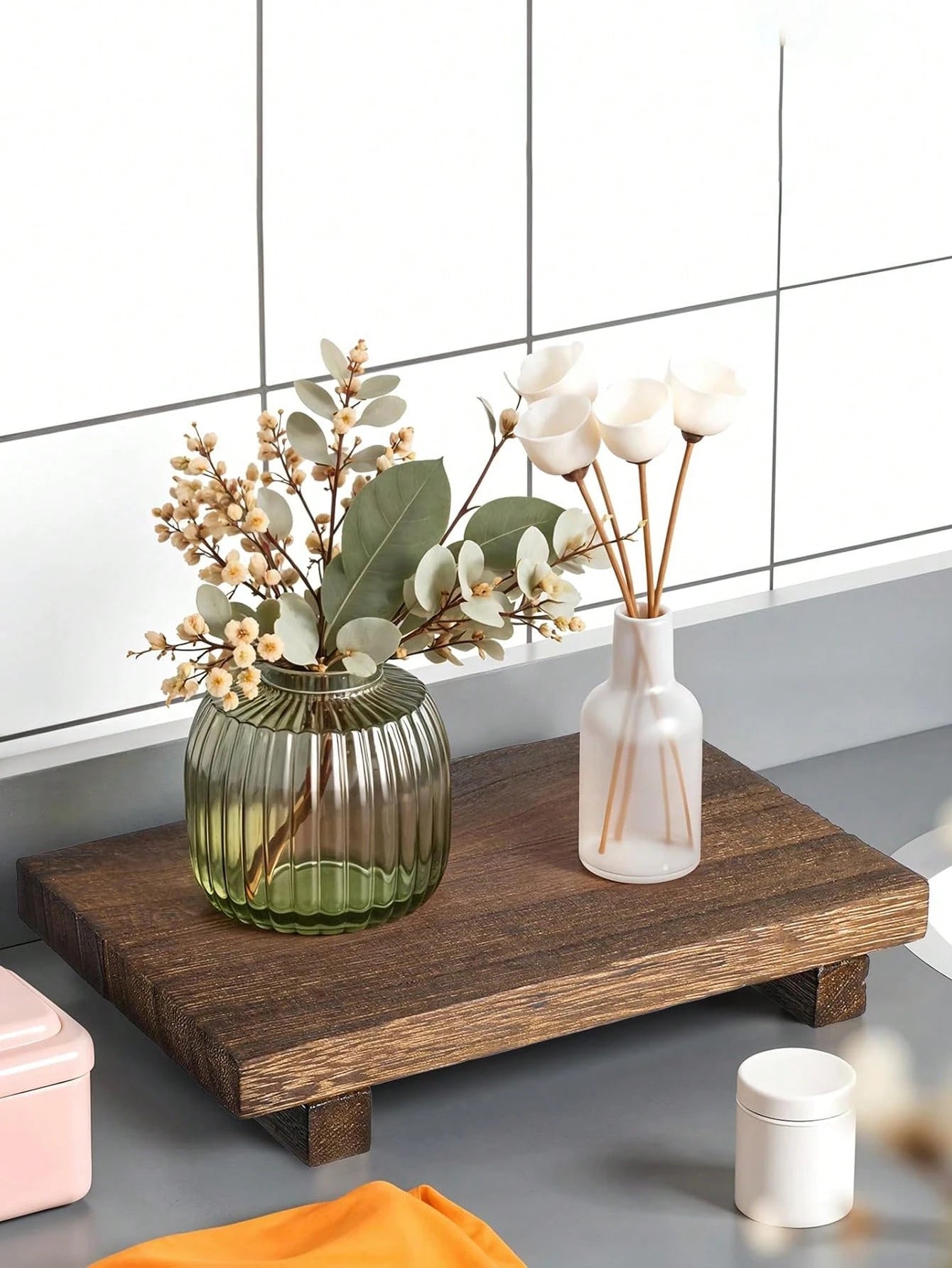 9"X6" Wooden Base Storage Rack, Cosmetic Organizer Tray, Bathroom Storage Shelf, Kitchen Soap Dish, Rustic Style Wooden Lift-Up Stand, Suitable For Vanity, Bathroom, Kitchen Countertop Decor, Plant, C