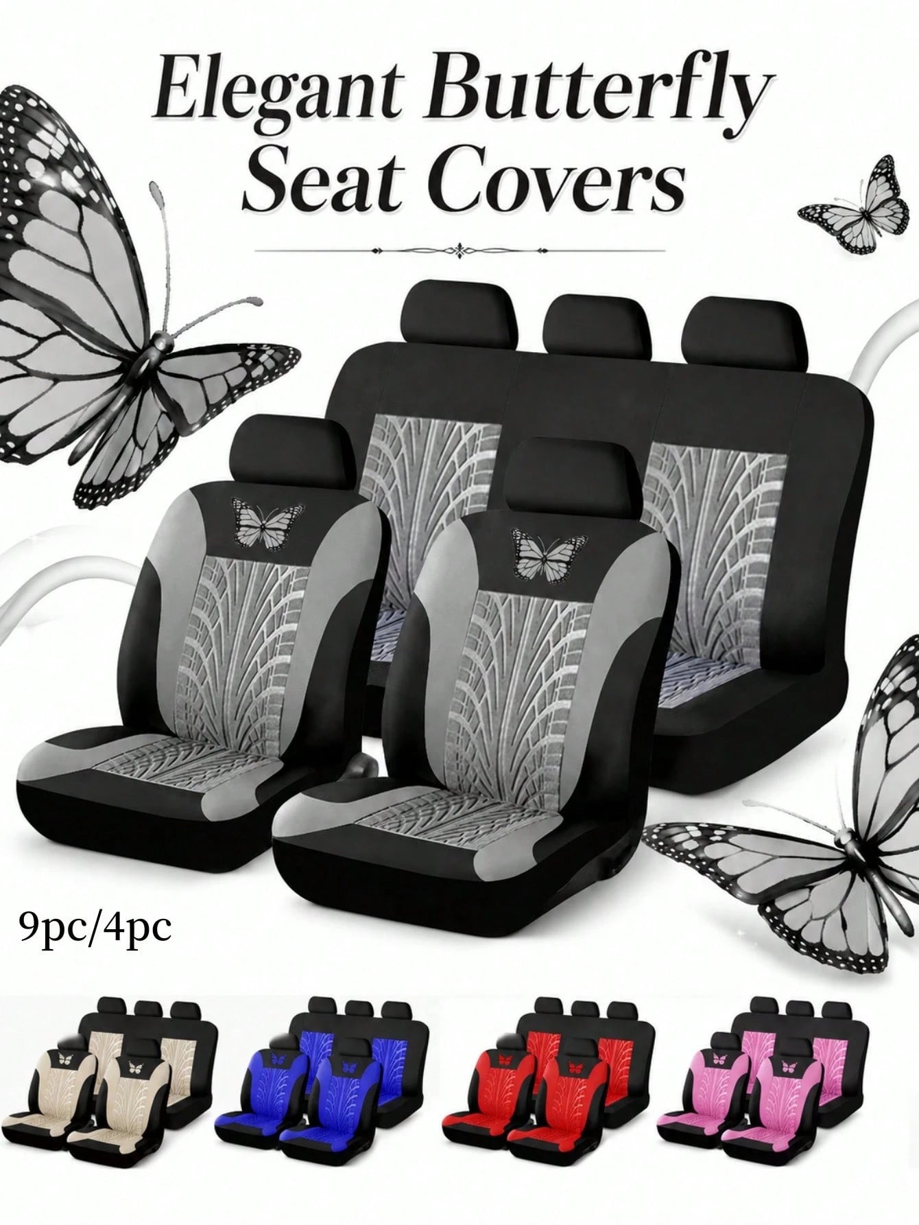 9pcs/Set (4pcs/Set) Universal Butterfly Pattern Embroidered Car Seat Covers, Made Of Polyester Fabric, Suitable For All Seasons, Washable By Hand, Fit For SUV, Sedan, Van And Other Vehicle Models, Com