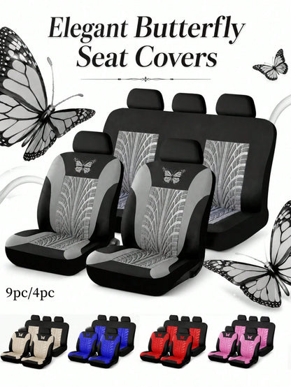 9pcs/Set (4pcs/Set) Universal Butterfly Pattern Embroidered Car Seat Covers, Made Of Polyester Fabric, Suitable For All Seasons, Washable By Hand, Fit For SUV, Sedan, Van And Other Vehicle Models, Com