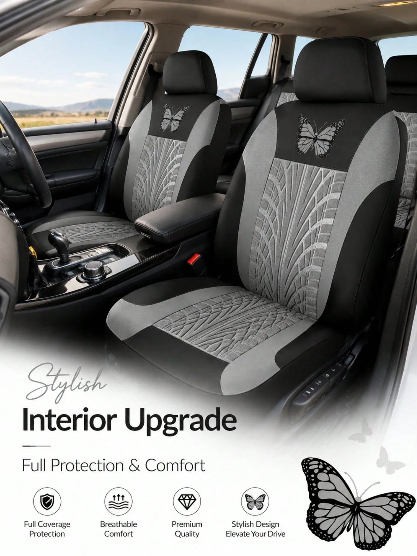 9pcs/Set (4pcs/Set) Universal Butterfly Pattern Embroidered Car Seat Covers, Made Of Polyester Fabric, Suitable For All Seasons, Washable By Hand, Fit For SUV, Sedan, Van And Other Vehicle Models, Com