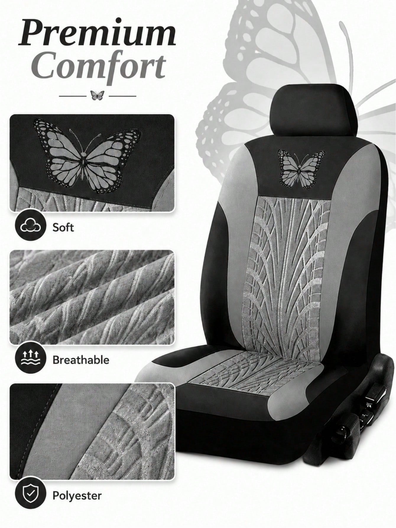 9pcs/Set (4pcs/Set) Universal Butterfly Pattern Embroidered Car Seat Covers, Made Of Polyester Fabric, Suitable For All Seasons, Washable By Hand, Fit For SUV, Sedan, Van And Other Vehicle Models, Com