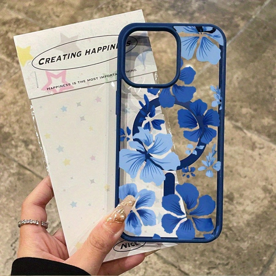 A Fashionable Magnetic Phone Case With Blue Floral Patterns Suitable For IPhone17PROMA 16 Pro Max 15 Plus 14 13 12 11 XS Max XR X