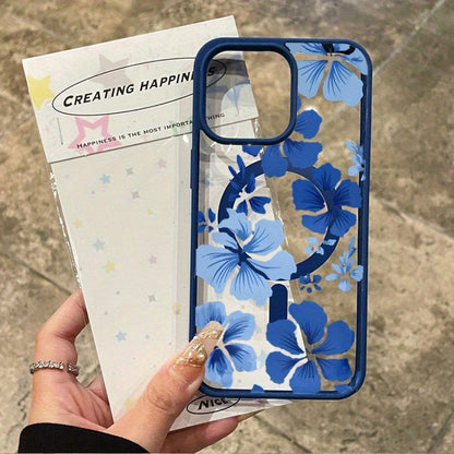A Fashionable Magnetic Phone Case With Blue Floral Patterns Suitable For IPhone17PROMA 16 Pro Max 15 Plus 14 13 12 11 XS Max XR X