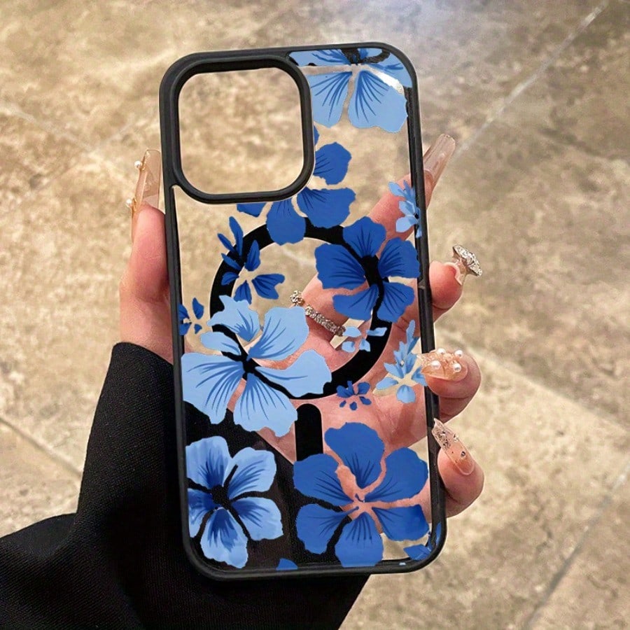 A Fashionable Magnetic Phone Case With Blue Floral Patterns Suitable For IPhone17PROMA 16 Pro Max 15 Plus 14 13 12 11 XS Max XR X