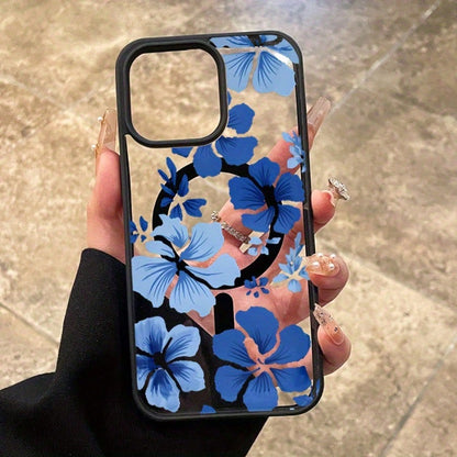 A Fashionable Magnetic Phone Case With Blue Floral Patterns Suitable For IPhone17PROMA 16 Pro Max 15 Plus 14 13 12 11 XS Max XR X
