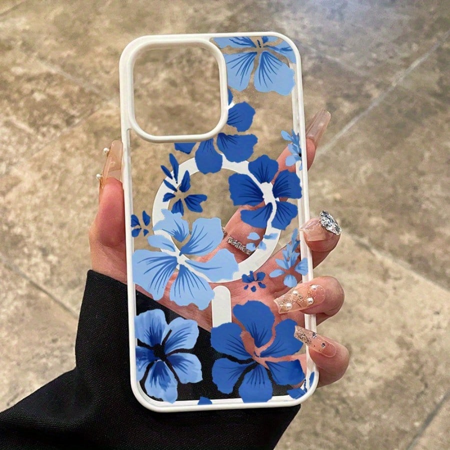 A Fashionable Magnetic Phone Case With Blue Floral Patterns Suitable For IPhone17PROMA 16 Pro Max 15 Plus 14 13 12 11 XS Max XR X
