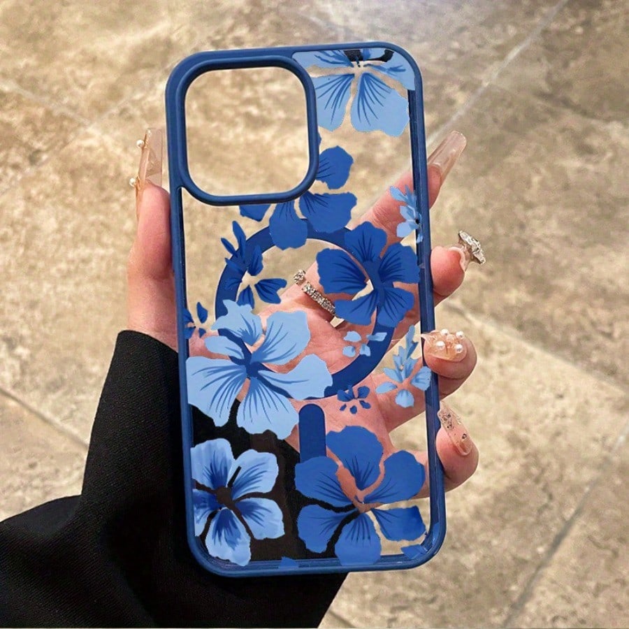 A Fashionable Magnetic Phone Case With Blue Floral Patterns Suitable For IPhone17PROMA 16 Pro Max 15 Plus 14 13 12 11 XS Max XR X