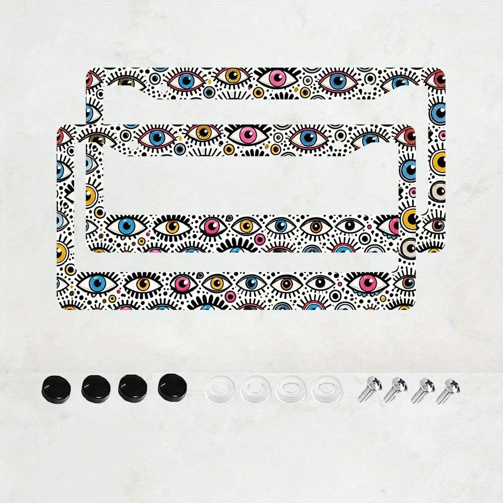 A License Plate Holder With An Evil Eye Design, Made Of Rust-Resistant Material, Equipped With Dual Mounting Holes And Screws, Suitable For Front And Rear License Plates. This Universal License Plate