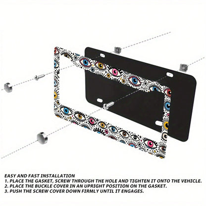 A License Plate Holder With An Evil Eye Design, Made Of Rust-Resistant Material, Equipped With Dual Mounting Holes And Screws, Suitable For Front And Rear License Plates. This Universal License Plate
