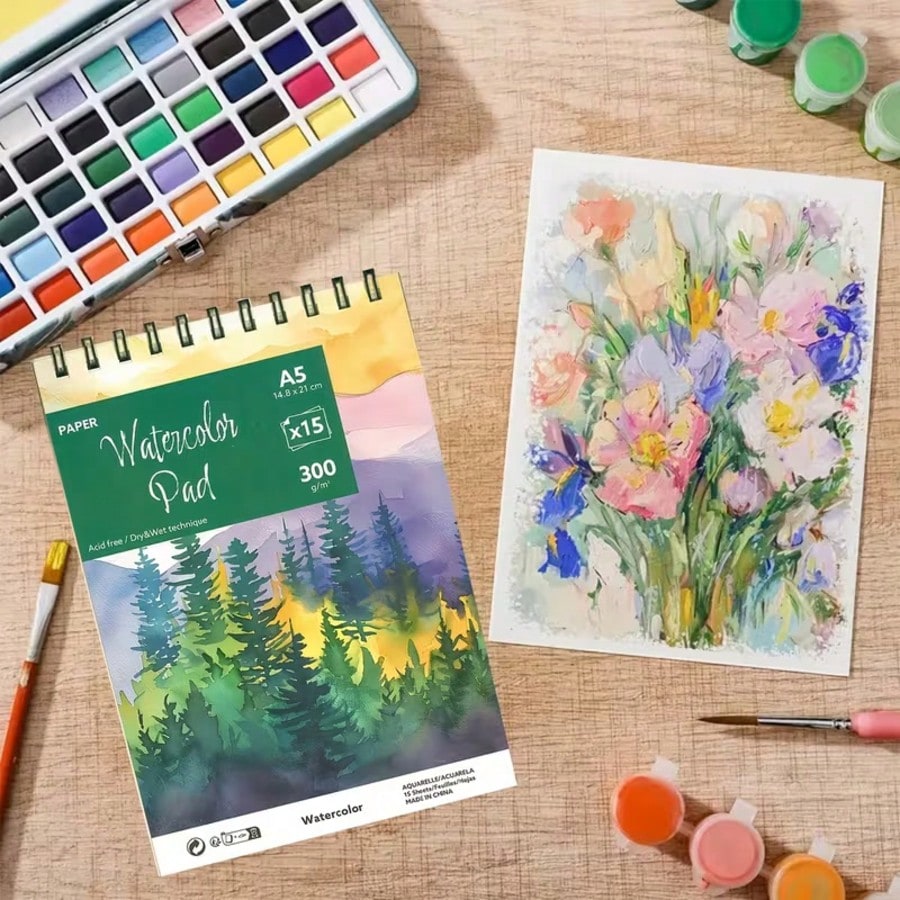 A5 Watercolor Pad 15 Sheets| 300gsm Acid-Free Paper| No Paper Scraps & Lint-Free| Spiral Bound Sketchbook| Back To School Art Supplies For Painting & Sketching| Student Art Kit