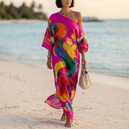 Abstract Colorful Print Off-The-Shoulder Kaftan Maxi Dress With Batwing Sleeves And Loose Flowy Boho Beach Vacation Cover Up