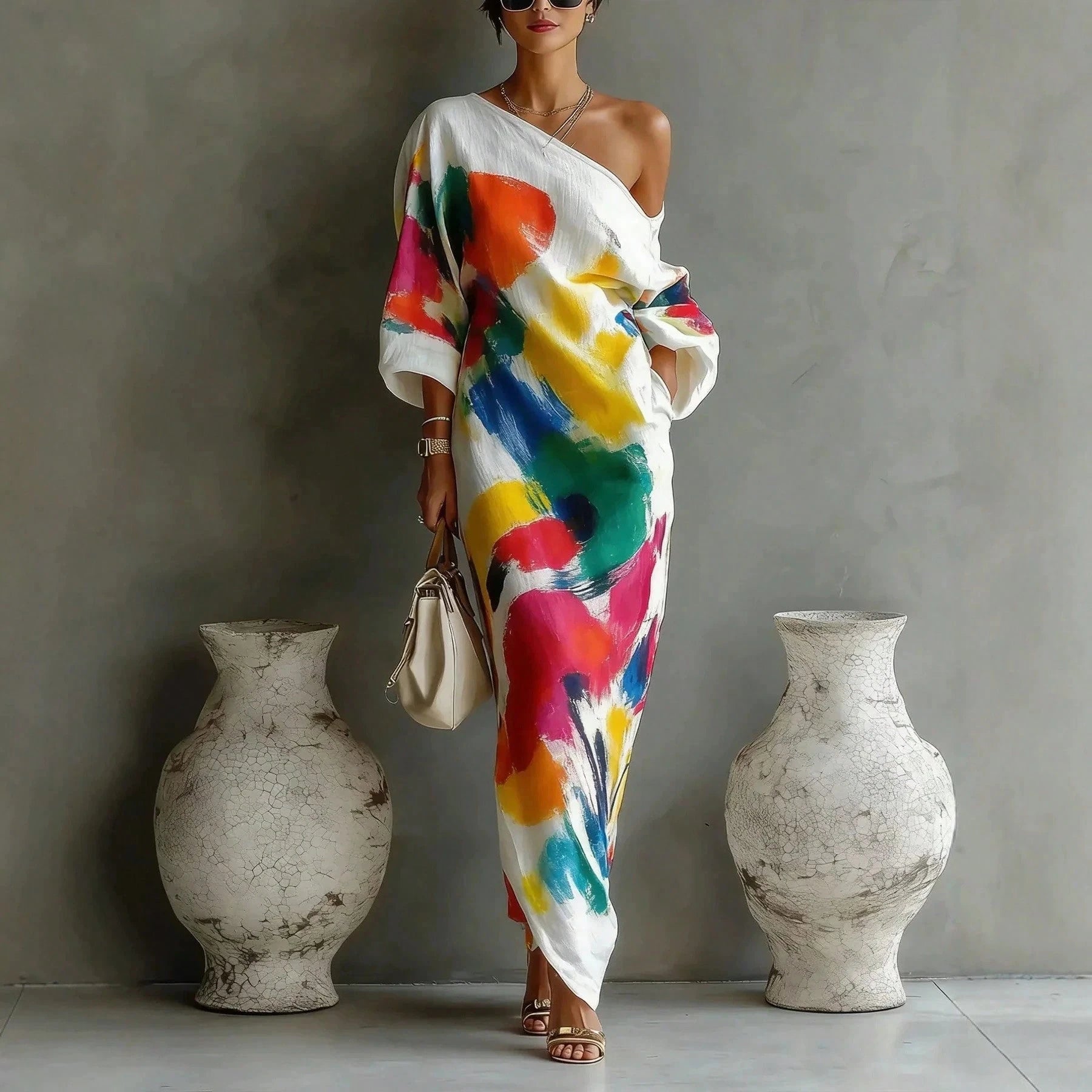Abstract Colorful Print Off-The-Shoulder Kaftan Maxi Dress With Batwing Sleeves And Loose Flowy Boho Beach Vacation Cover Up