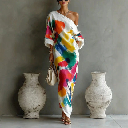 Abstract Colorful Print Off-The-Shoulder Kaftan Maxi Dress With Batwing Sleeves And Loose Flowy Boho Beach Vacation Cover Up