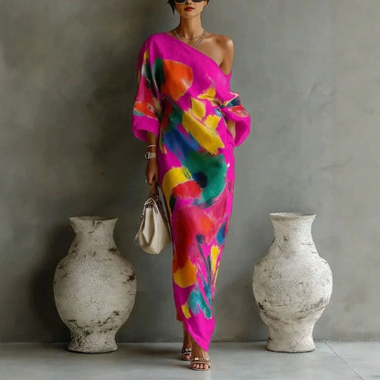 Abstract Colorful Print Off-The-Shoulder Kaftan Maxi Dress With Batwing Sleeves And Loose Flowy Boho Beach Vacation Cover Up