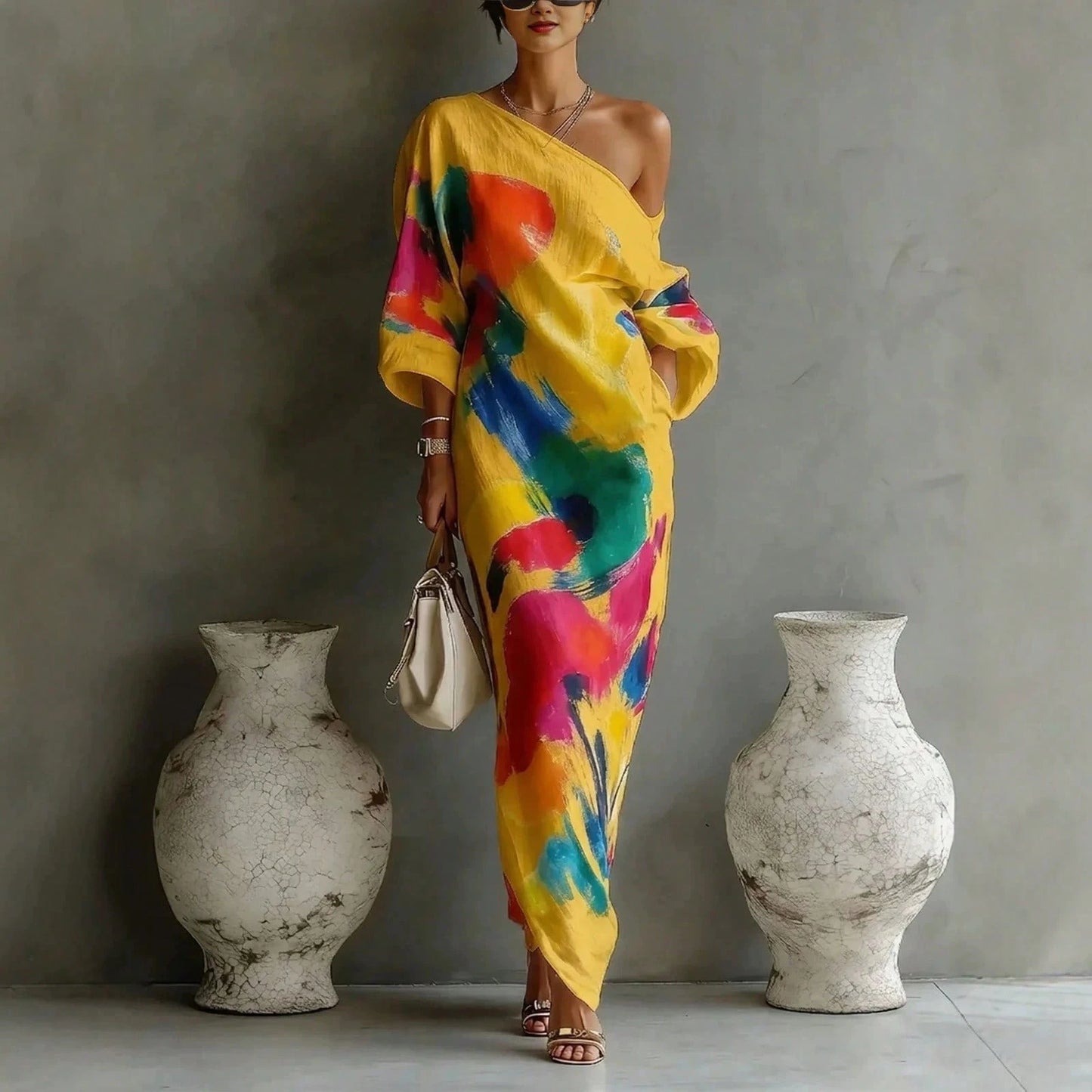 Abstract Colorful Print Off-The-Shoulder Kaftan Maxi Dress With Batwing Sleeves And Loose Flowy Boho Beach Vacation Cover Up