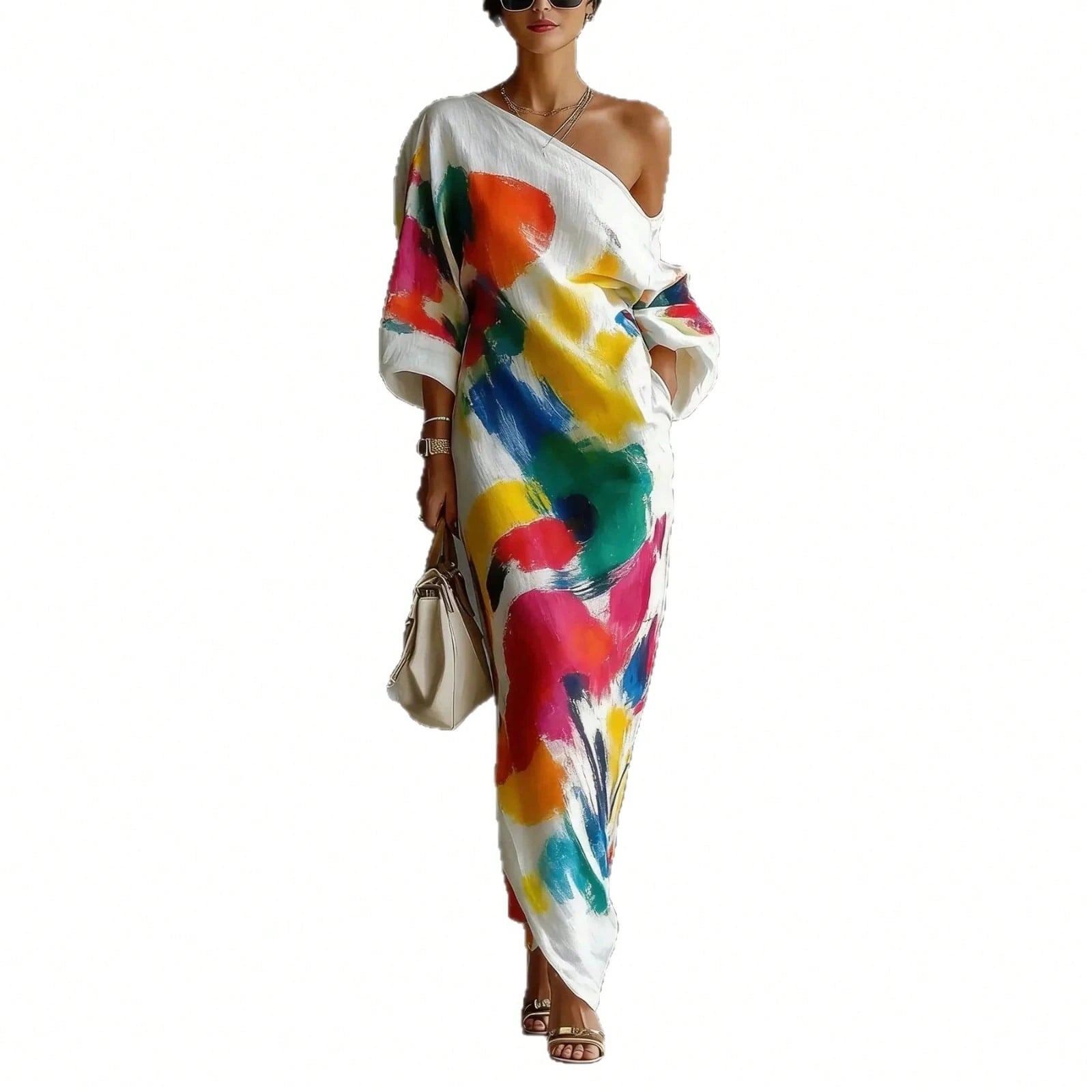 Abstract Colorful Print Off-The-Shoulder Kaftan Maxi Dress With Batwing Sleeves And Loose Flowy Boho Beach Vacation Cover Up