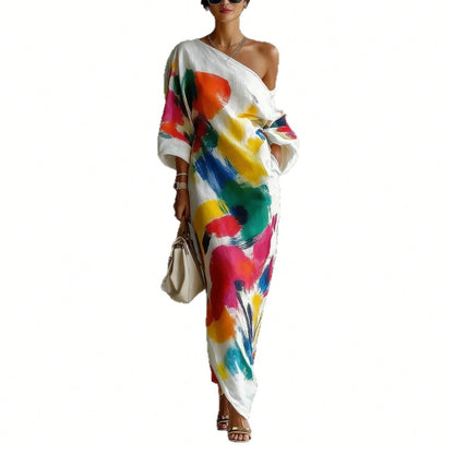 Abstract Colorful Print Off-The-Shoulder Kaftan Maxi Dress With Batwing Sleeves And Loose Flowy Boho Beach Vacation Cover Up