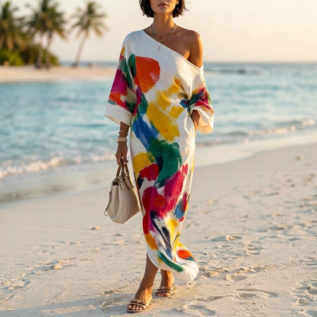 Abstract Colorful Print Off-The-Shoulder Kaftan Maxi Dress With Batwing Sleeves And Loose Flowy Boho Beach Vacation Cover Up