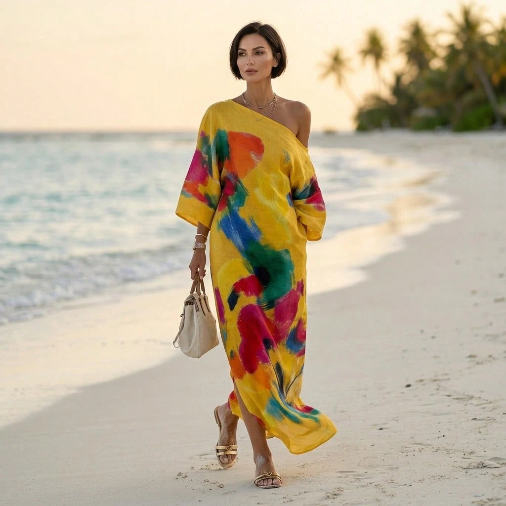 Abstract Colorful Print Off-The-Shoulder Kaftan Maxi Dress With Batwing Sleeves And Loose Flowy Boho Beach Vacation Cover Up