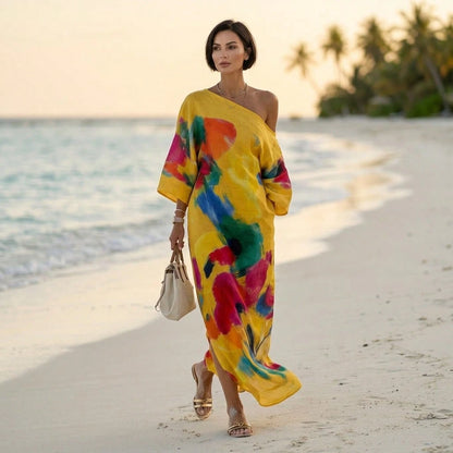 Abstract Colorful Print Off-The-Shoulder Kaftan Maxi Dress With Batwing Sleeves And Loose Flowy Boho Beach Vacation Cover Up