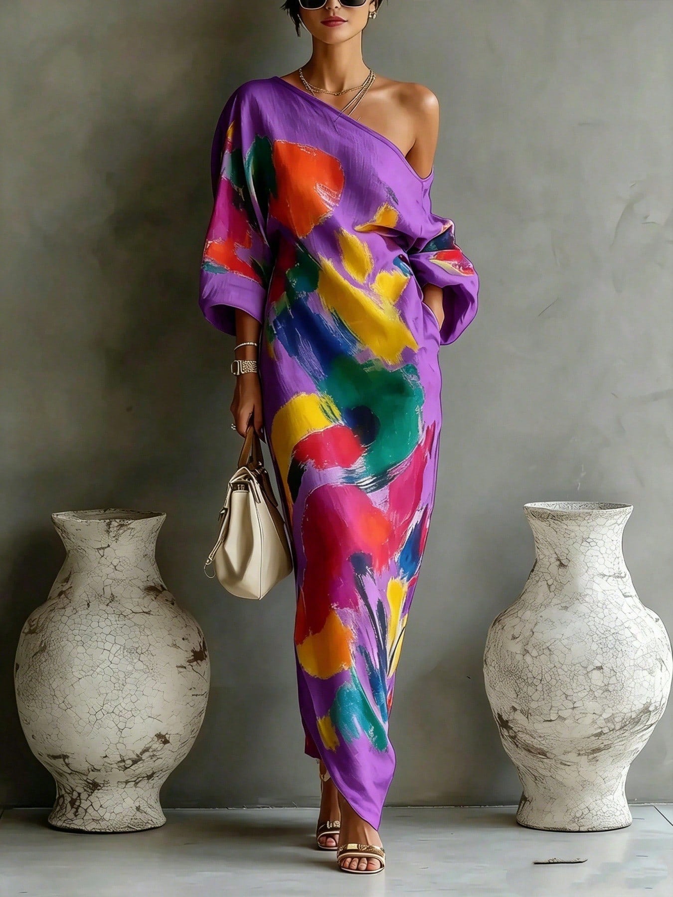 Abstract Colorful Print Off-The-Shoulder Kaftan Maxi Dress With Batwing Sleeves And Loose Flowy Boho Beach Vacation Cover Up