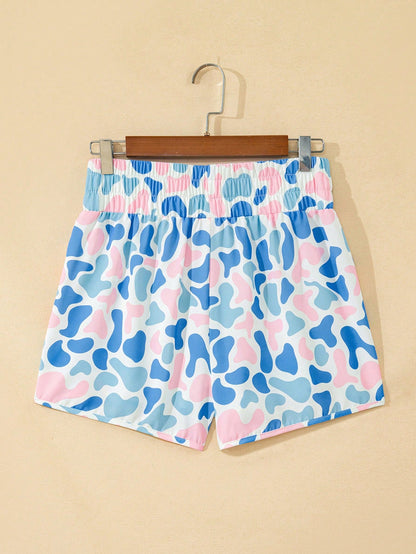 Acelitt Blue Camouflage High Waist Pleated Women's Sports Shorts With Side Pockets Suitable For Sports And Outings Vacation Summer, Athleisure