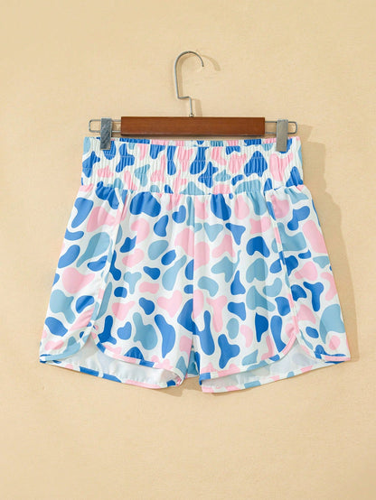 Acelitt Blue Camouflage High Waist Pleated Women's Sports Shorts With Side Pockets Suitable For Sports And Outings Vacation Summer, Athleisure