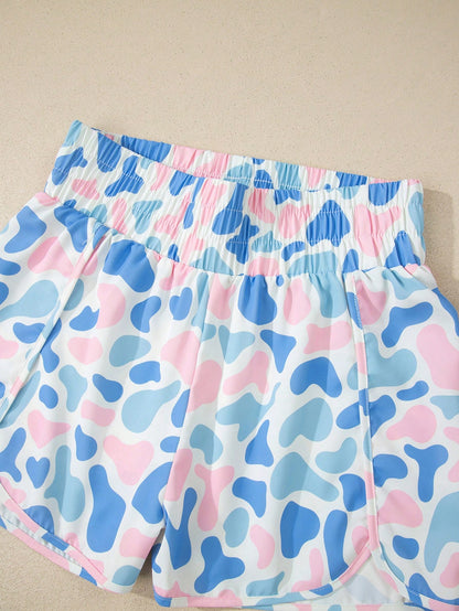 Acelitt Blue Camouflage High Waist Pleated Women's Sports Shorts With Side Pockets Suitable For Sports And Outings Vacation Summer, Athleisure