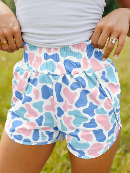 Acelitt Blue Camouflage High Waist Pleated Women's Sports Shorts With Side Pockets Suitable For Sports And Outings Vacation Summer, Athleisure