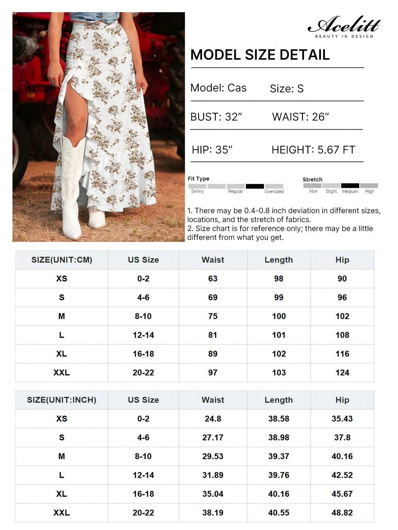 Acelitt Sky Blue Bohemian Style Ditsy Floral High Waist Ruffle Hem Slit Maxi Skirt White Summer