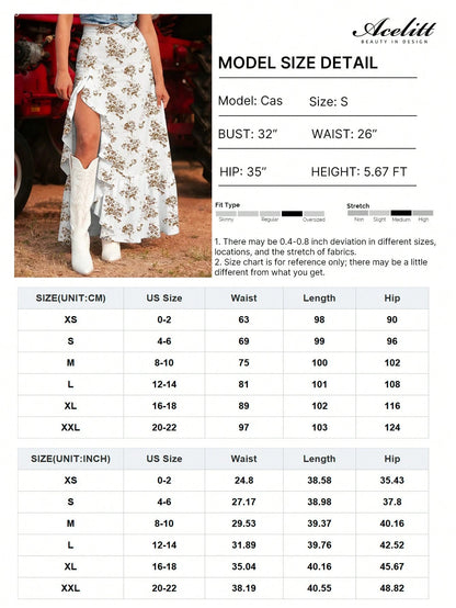 Acelitt Sky Blue Bohemian Style Ditsy Floral High Waist Ruffle Hem Slit Maxi Skirt White Summer