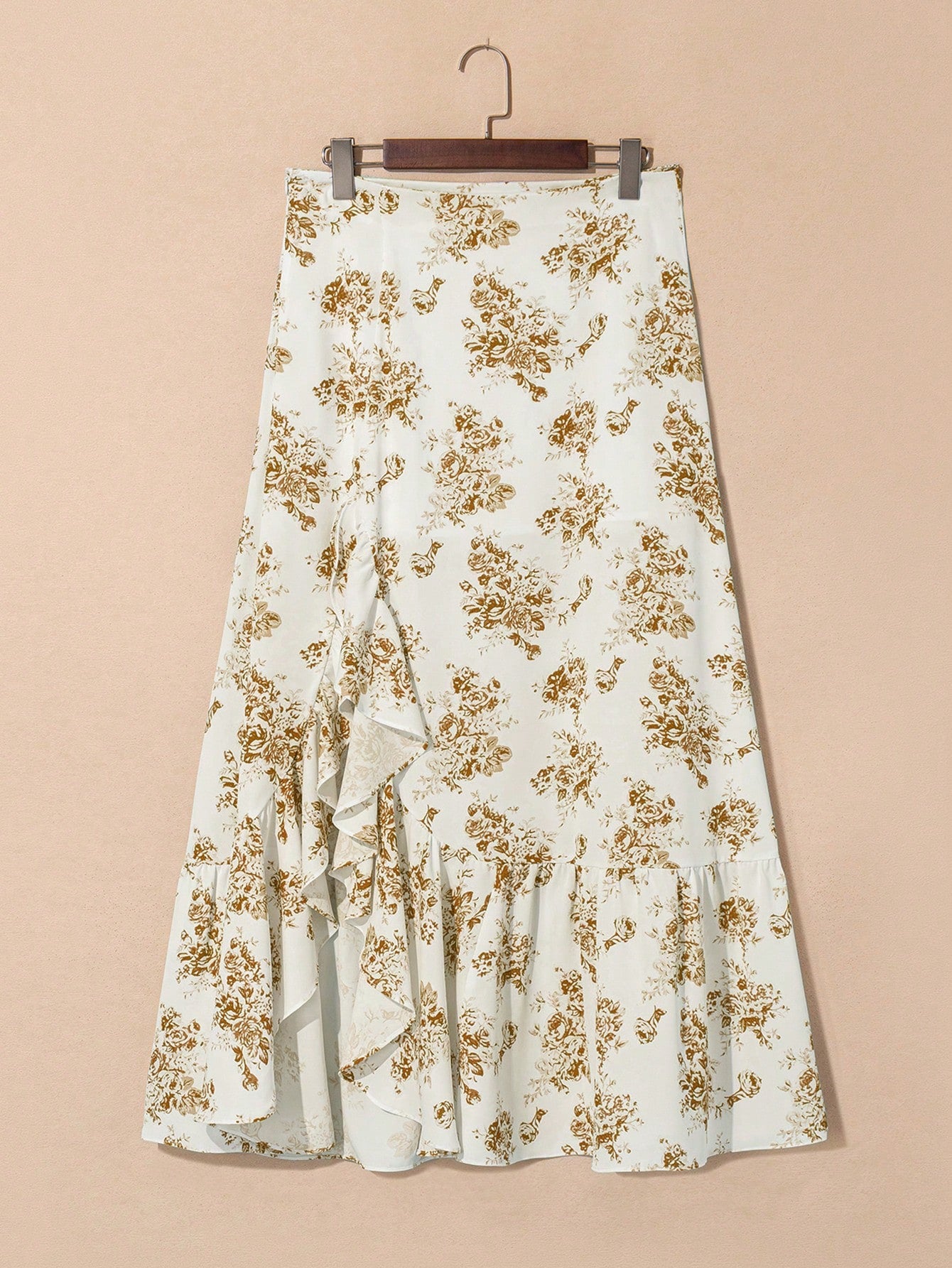 Acelitt Sky Blue Bohemian Style Ditsy Floral High Waist Ruffle Hem Slit Maxi Skirt White Summer