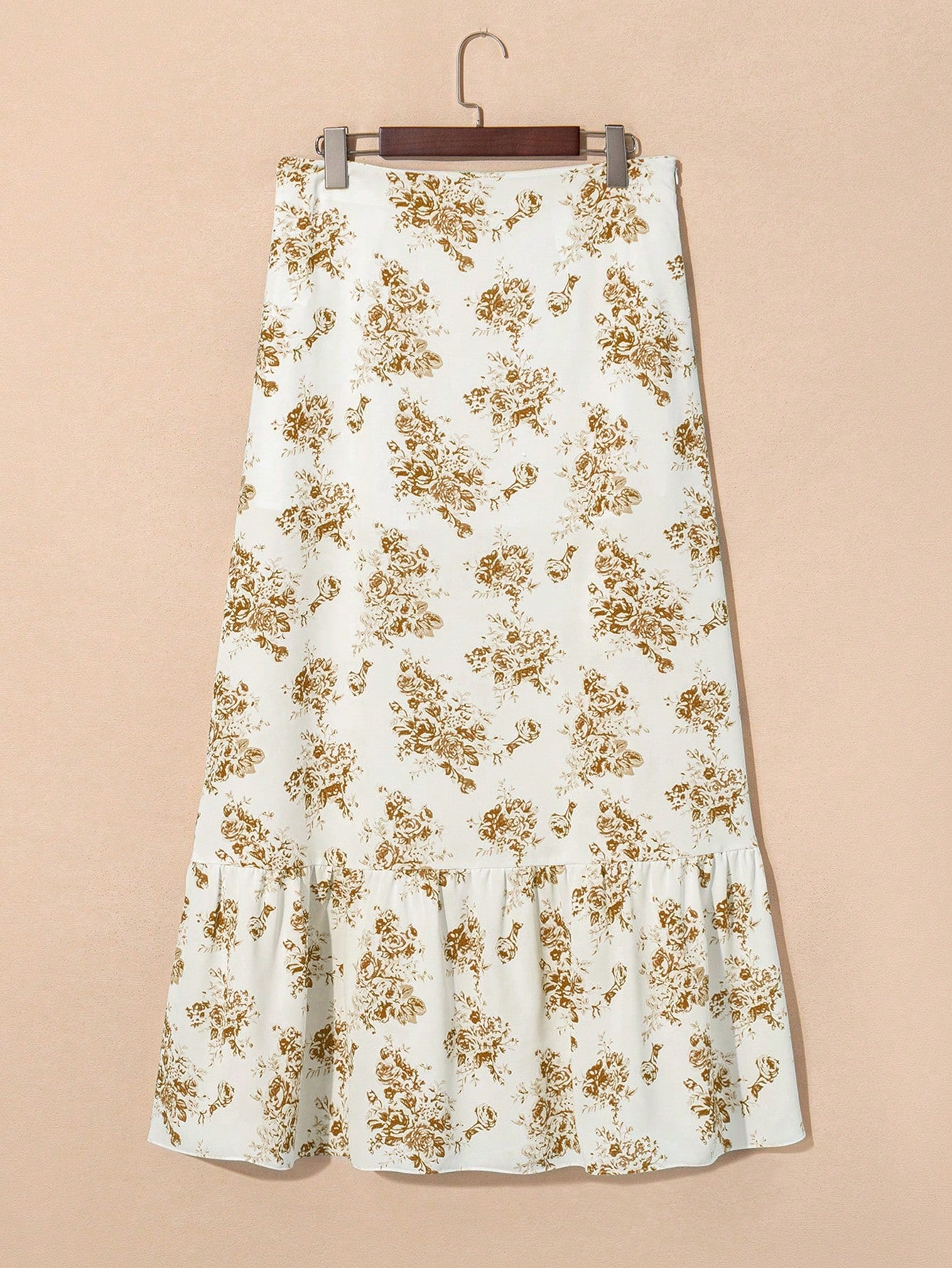 Acelitt Sky Blue Bohemian Style Ditsy Floral High Waist Ruffle Hem Slit Maxi Skirt White Summer