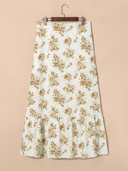 Acelitt Sky Blue Bohemian Style Ditsy Floral High Waist Ruffle Hem Slit Maxi Skirt White Summer