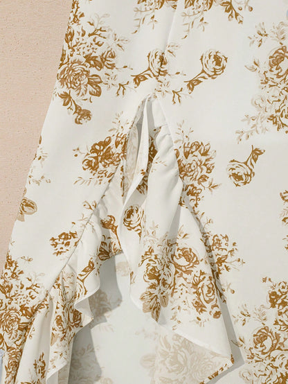 Acelitt Sky Blue Bohemian Style Ditsy Floral High Waist Ruffle Hem Slit Maxi Skirt White Summer