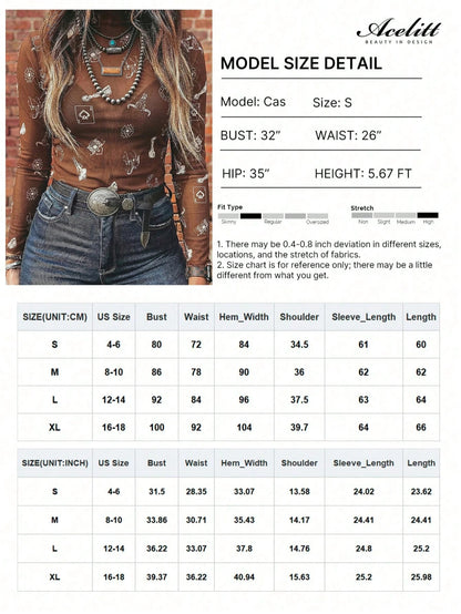 Acelitt Women's Western Denim Print Mesh Stand Collar Long Sleeve Fitted Top, Suitable For Daily Wear, Spring/Autumn Casual Brown