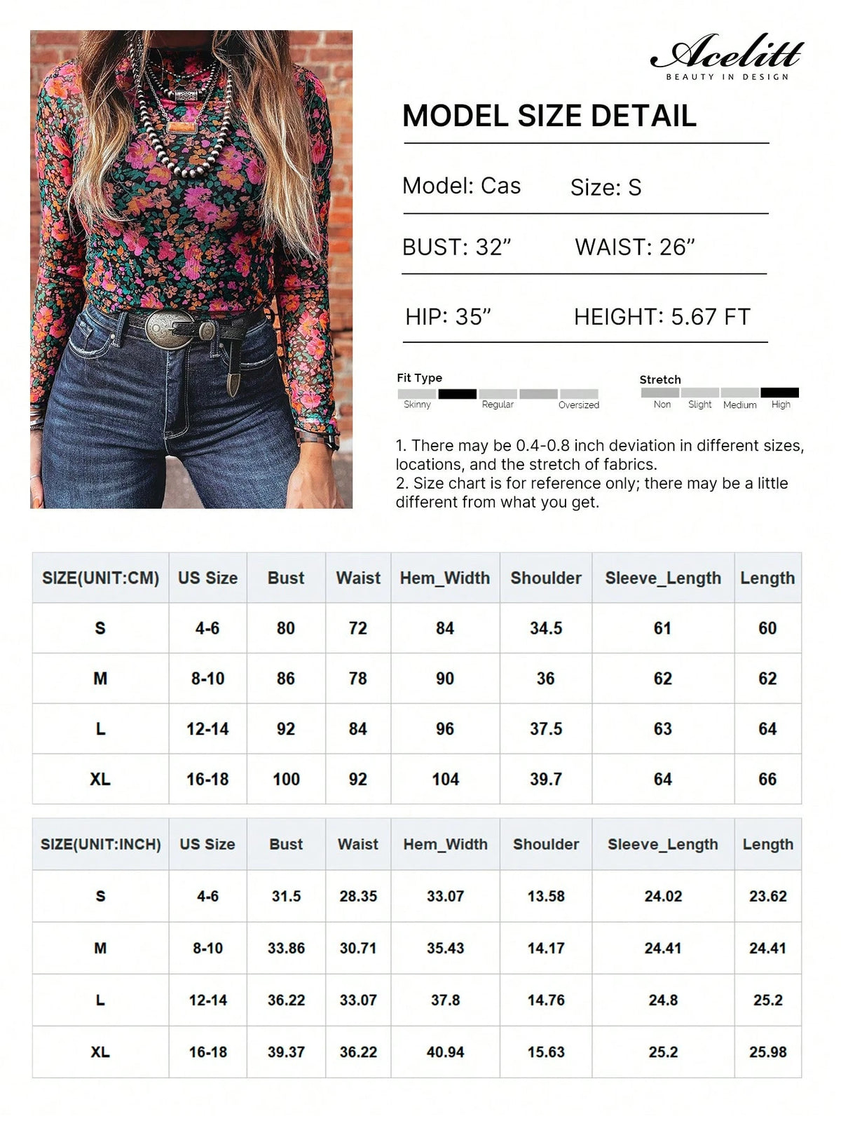 Acelitt Women's Western Denim Print Mesh Stand Collar Long Sleeve Fitted Top, Suitable For Daily Wear, Spring/Autumn Casual Brown