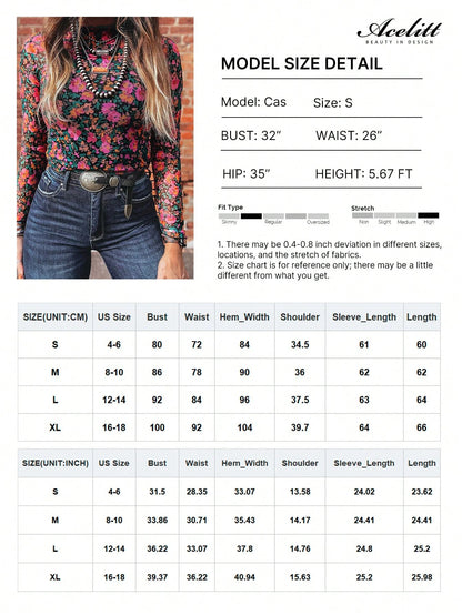 Acelitt Women's Western Denim Print Mesh Stand Collar Long Sleeve Fitted Top, Suitable For Daily Wear, Spring/Autumn Casual Brown