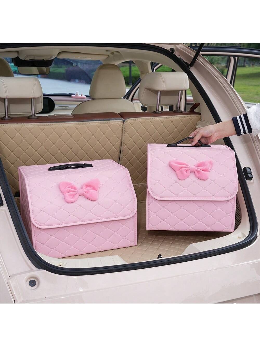 AD Premium Car Trunk Storage Box, Quilted Foldable Car Organizer Box, Multi-Functional Storage Container, Practical & Cute Bow Design, Available In Pink & Black