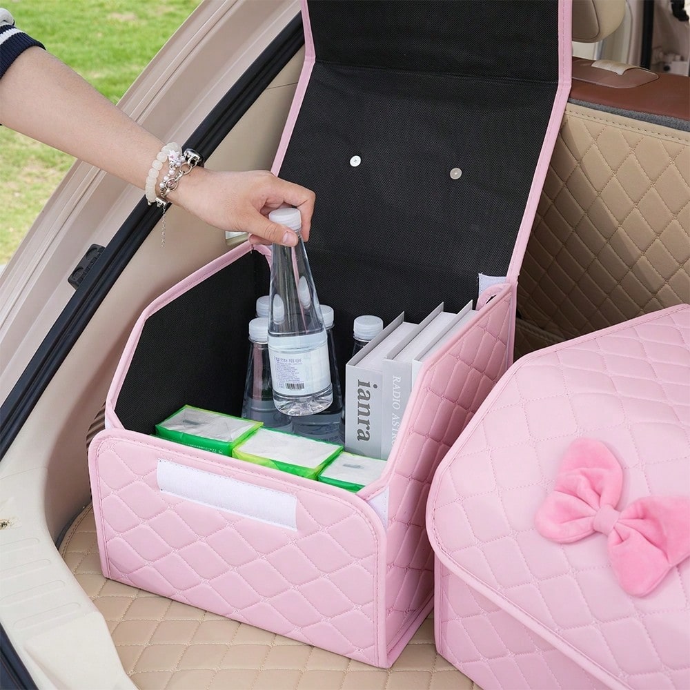 AD Premium Car Trunk Storage Box, Quilted Foldable Car Organizer Box, Multi-Functional Storage Container, Practical & Cute Bow Design, Available In Pink & Black