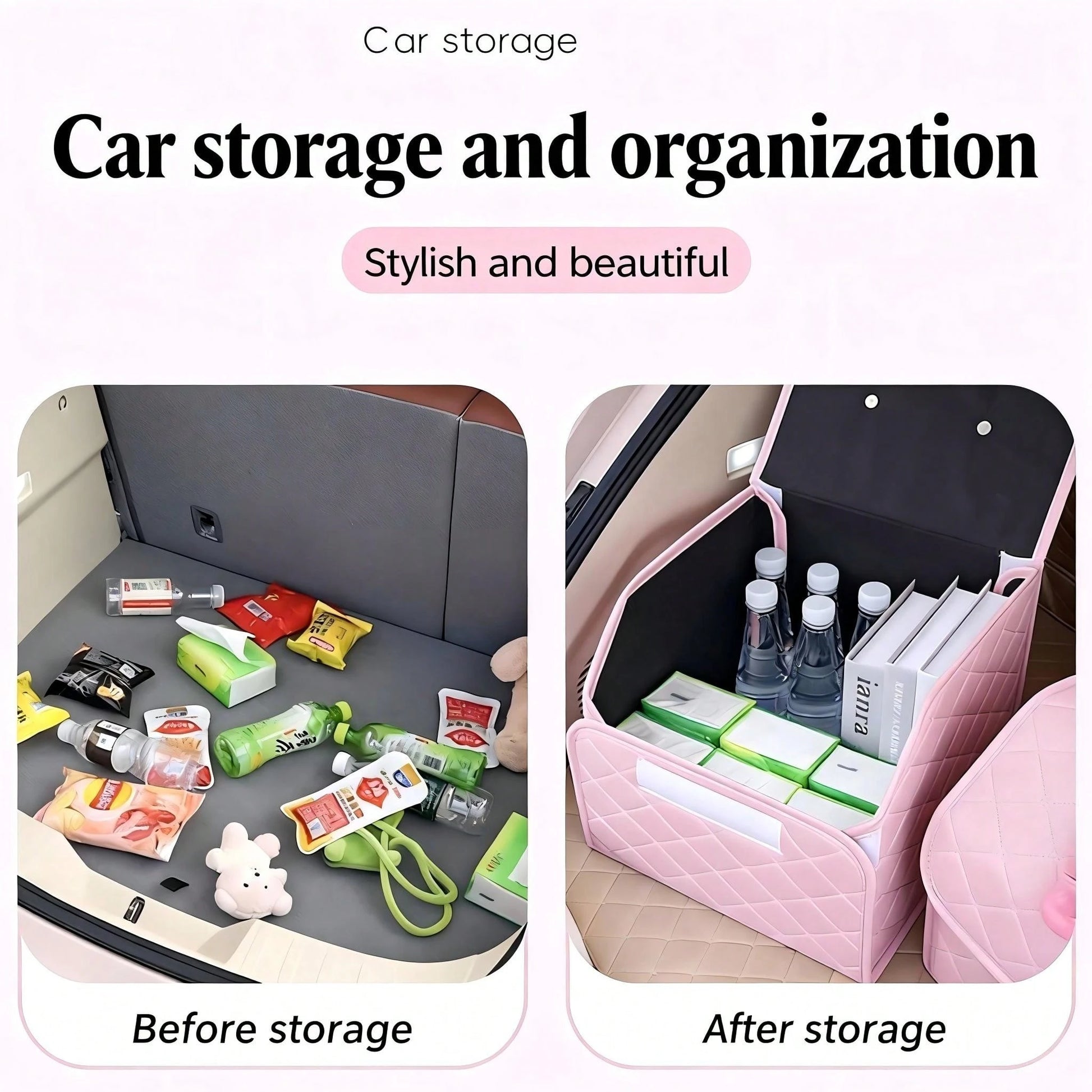 AD Premium Car Trunk Storage Box, Quilted Foldable Car Organizer Box, Multi-Functional Storage Container, Practical & Cute Bow Design, Available In Pink & Black