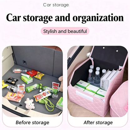 AD Premium Car Trunk Storage Box, Quilted Foldable Car Organizer Box, Multi-Functional Storage Container, Practical & Cute Bow Design, Available In Pink & Black