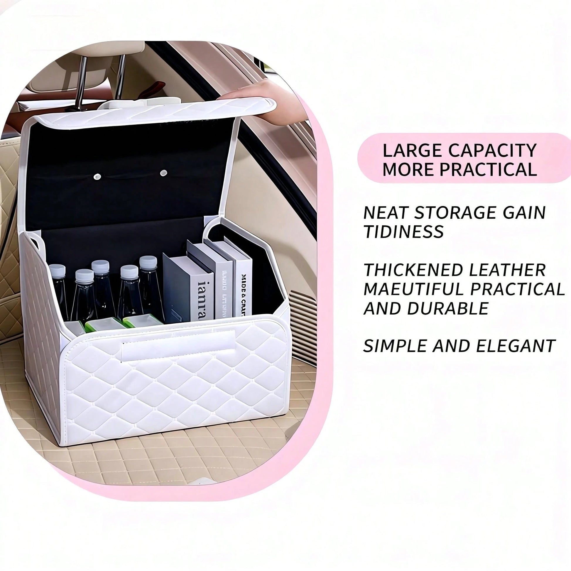 AD Premium Car Trunk Storage Box, Quilted Foldable Car Organizer Box, Multi-Functional Storage Container, Practical & Cute Bow Design, Available In Pink & Black