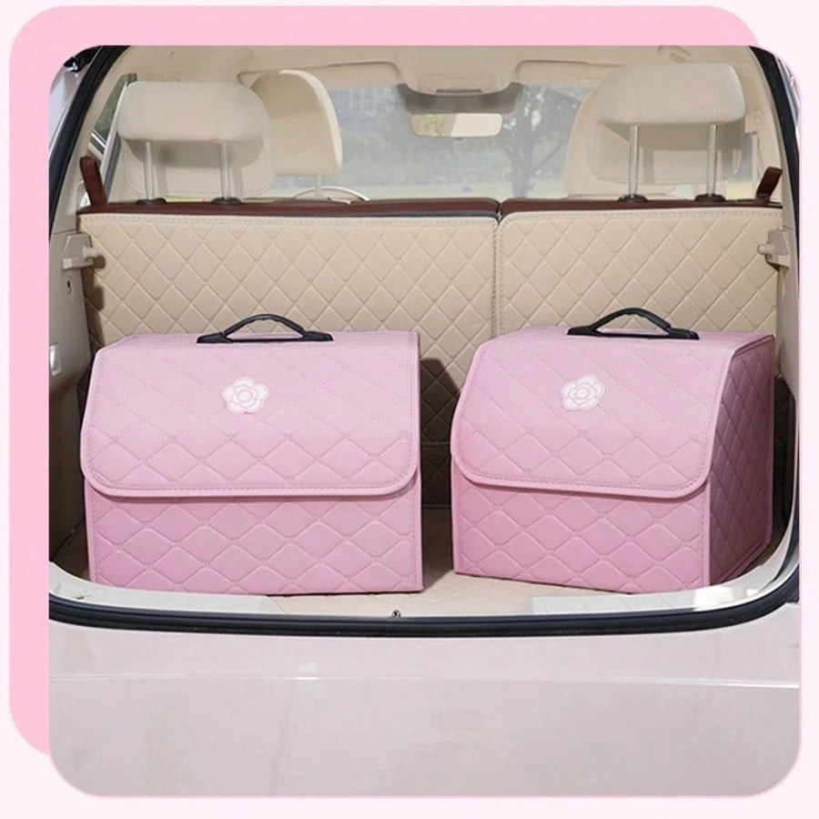 AD Premium Car Trunk Storage Box, Quilted Foldable Car Organizer Box, Multi-Functional Storage Container, Practical & Cute Bow Design, Available In Pink & Black