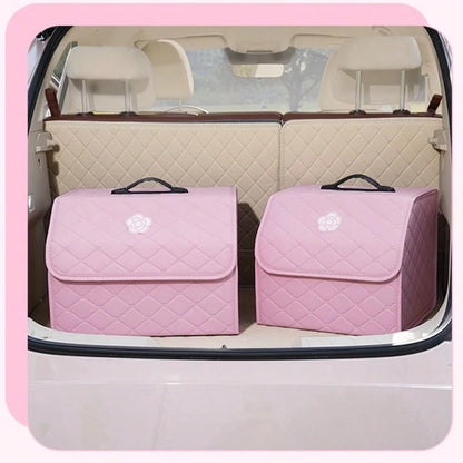 AD Premium Car Trunk Storage Box, Quilted Foldable Car Organizer Box, Multi-Functional Storage Container, Practical & Cute Bow Design, Available In Pink & Black