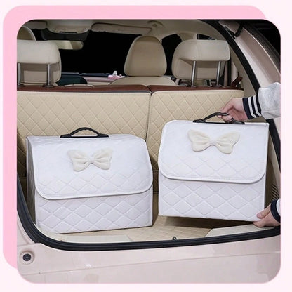 AD Premium Car Trunk Storage Box, Quilted Foldable Car Organizer Box, Multi-Functional Storage Container, Practical & Cute Bow Design, Available In Pink & Black