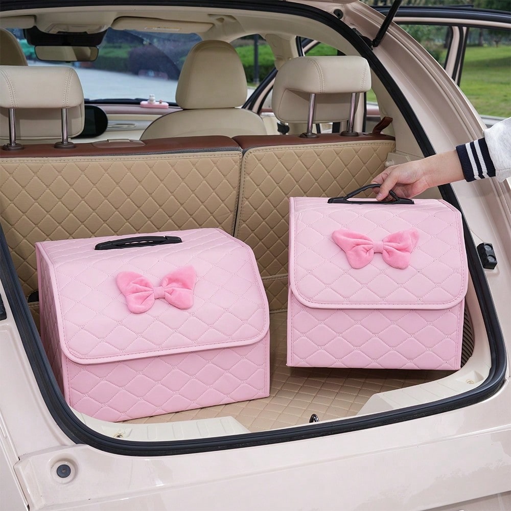 AD Premium Car Trunk Storage Box, Quilted Foldable Car Organizer Box, Multi-Functional Storage Container, Practical & Cute Bow Design, Available In Pink & Black
