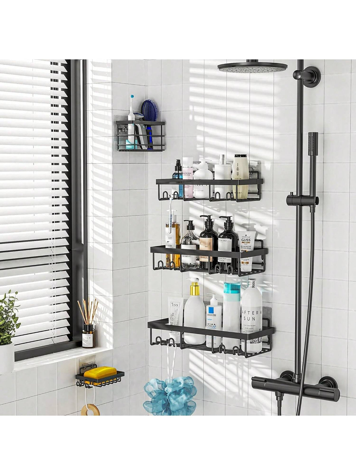 Adhesive Shower Caddy, 5 Pack Rustproof Stainless Steel Bath Organizers With Large Capacity, No Drilling Shelves For Bathroom Storage & Home Decor