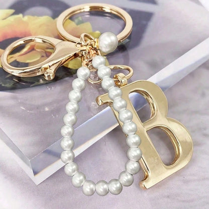Advanced Elegant Golden Pearl Letter Keychain, Letters A-Z Three-Dimensional Pendant, Elegant Pearl Chain Flash Diamond Fashion Alloy Keychain Ring